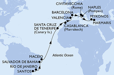 Brazília, Španielsko, Maroko, Taliansko, Grécko, Turecko zo Santosu na lodi MSC Divina