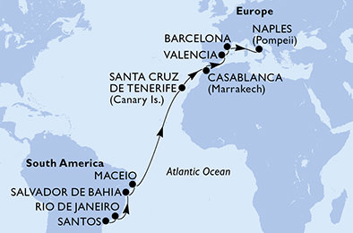 Brazília, Španielsko, Maroko, Taliansko zo Santosu na lodi MSC Divina