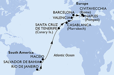 Brazília, Španielsko, Maroko, Taliansko z Rio de Janeira na lodi MSC Divina