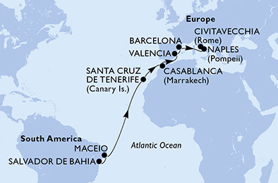 Brazília, Španielsko, Maroko, Taliansko zo Salvadoru na lodi MSC Divina