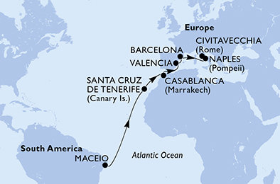 Brazília, Španielsko, Maroko, Taliansko z Maceia na lodi MSC Divina