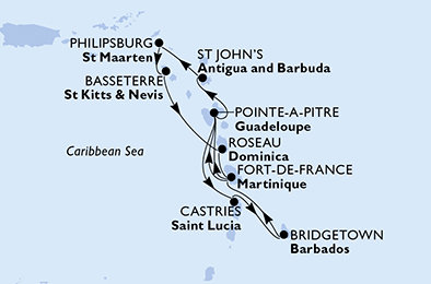 Barbados, Martinik, Guadeloupe, Antigua a Barbuda, Svatý Martin, Svätý Krištof a Nevis, Dominika, Svätá Lucia z Bridgetownu na lodi MSC World Asia