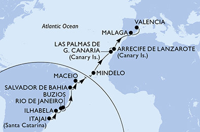 Brazília, Kapverdy, Španielsko, z Lanzarote na lodi MSC Musica