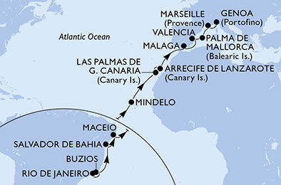Brazília, Kapverdy, Španielsko, z Lanzarote, Francúzsko, Taliansko z Rio de Janeira na lodi MSC Musica