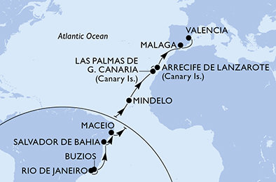 Brazília, Kapverdy, Španielsko, z Lanzarote z Rio de Janeira na lodi MSC Musica