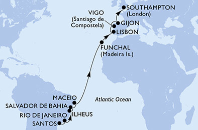 Brazília, Portugalsko, Španielsko, Veľká Británia zo Santosu na lodi MSC Meraviglia