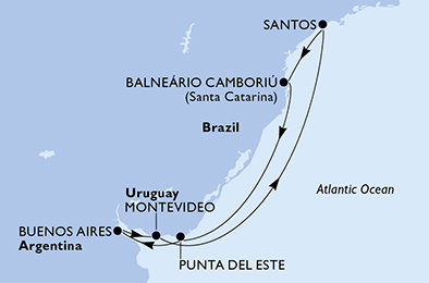 Brazília, Uruguaj, Argentína z Camboriu na lodi MSC Meraviglia