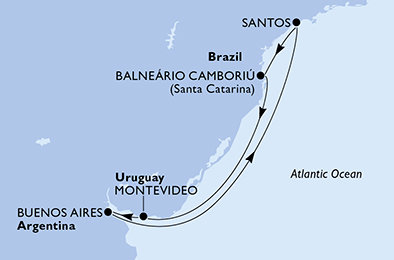 Argentína, Brazília, Uruguaj z Buenos Aires na lodi MSC Meraviglia