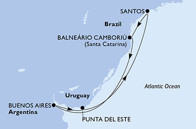 Argentína, Uruguaj, Brazília z Buenos Aires na lodi MSC Meraviglia