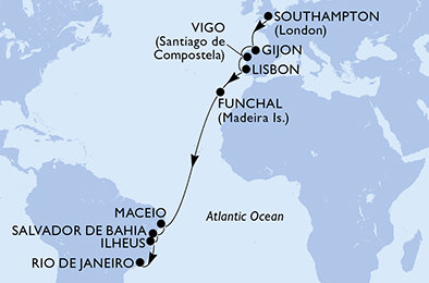 Veľká Británia, Španielsko, Portugalsko, Brazília zo Southamptonu na lodi MSC Meraviglia