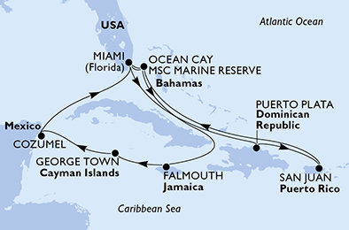 USA, Dominikánska republika, Bahamy, Jamajka, Kajmanské ostrovy, Mexiko z Miami na lodi MSC Seaside