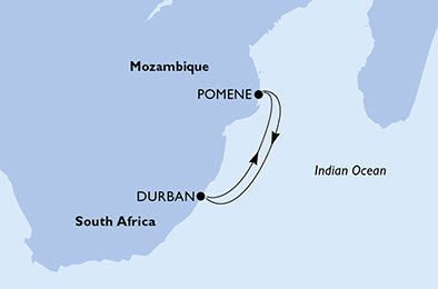 Juhoafrická republika, Mozambik z Durbanu na lodi MSC Sinfonia