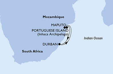 Juhoafrická republika, Mozambik z Durbanu na lodi MSC Sinfonia