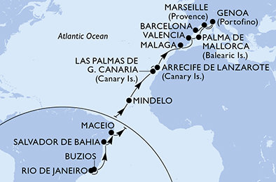 Brazília, Kapverdy, Španielsko, z Lanzarote, Francúzsko, Taliansko z Rio de Janeira na lodi MSC Musica