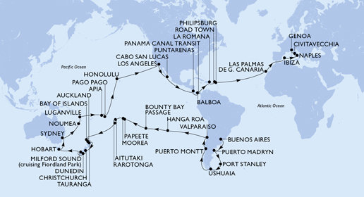 Argentína, Zámořské území Velké Británie, Chile, Francouzská Polynésie, Cookovy ostrovy, Nový Zéland, Austrália, Nová Kaledonie, Vanuatu, Samoa, Americká Samoa, USA, Mexiko, Kostarika, , Panama, Dominikánska republika, Britské Panenské ostrovy, Svatý Martin, Španielsko, Taliansko z Buenos Aires na lodi MSC Magnifica