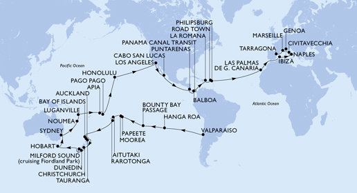 Chile, Zámořské území Velké Británie, Francouzská Polynésie, Cookovy ostrovy, Nový Zéland, Austrália, Nová Kaledonie, Vanuatu, Samoa, Americká Samoa, USA, Mexiko, Kostarika, , Panama, Dominikánska republika, Britské Panenské ostrovy, Svatý Martin, Španielsko, Taliansko, Francúzsko, Tarragona z Valparaisa na lodi MSC Magnifica