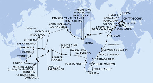 Španielsko, Gibraltár, Maroko, Kapverdy, Brazília, Argentína, Zámořské území Velké Británie, Chile, Francouzská Polynésie, Cookovy ostrovy, Nový Zéland, Austrália, Nová Kaledonie, Vanuatu, Samoa, Americká Samoa, USA, Mexiko, Kostarika, , Panama, Dominikánska republika, Britské Panenské ostrovy, Svatý Martin, Taliansko, Francúzsko, Tarragona z Barcelony na lodi MSC Magnifica