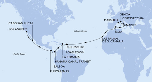 USA, Mexiko, Kostarika, , Panama, Dominikánska republika, Britské Panenské ostrovy, Svatý Martin, Španielsko, Taliansko, Francúzsko na lodi MSC Magnifica