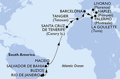 Brazília, Španielsko, Maroko, Tunisko, Taliansko z Rio de Janeira na lodi MSC Virtuosa