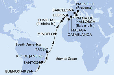 Argentína, Brazília, Kapverdy, Portugalsko, Maroko, Španielsko, Francúzsko z Buenos Aires na lodi MSC Seaview