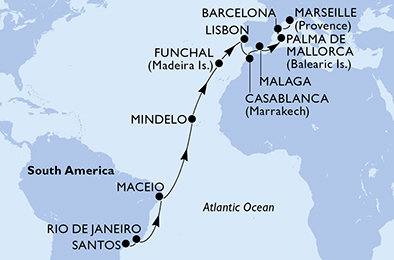 Brazília, Kapverdy, Portugalsko, Maroko, Španielsko, Francúzsko zo Santosu na lodi MSC Seaview