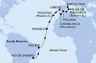 Brazília, Kapverdy, Portugalsko, Maroko, Španielsko z Rio de Janeira na lodi MSC Seaview