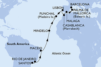 Brazília, Kapverdy, Portugalsko, Maroko, Španielsko zo Santosu na lodi MSC Seaview