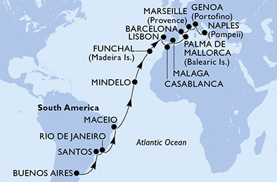 Argentína, Brazília, Kapverdy, Portugalsko, Maroko, Španielsko, Francúzsko, Taliansko z Buenos Aires na lodi MSC Seaview