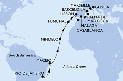 Brazília, Kapverdy, Portugalsko, Maroko, Španielsko, Francúzsko, Taliansko z Rio de Janeira na lodi MSC Seaview