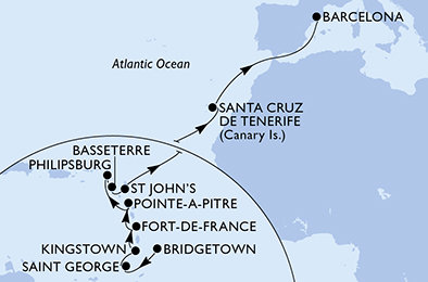 Barbados, Grenada, Svätý Vincent a Grenadiny, Martinik, Guadeloupe, Svatý Martin, Svätý Krištof a Nevis, Antigua a Barbuda, Španielsko z Bridgetownu na lodi MSC World Europa