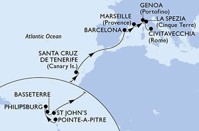 Guadeloupe, Svatý Martin, Svätý Krištof a Nevis, Antigua a Barbuda, Španielsko, Francúzsko, Taliansko z Pointe-à-Pitre na lodi MSC World Europa