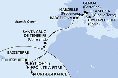 Martinik, Guadeloupe, Svatý Martin, Svätý Krištof a Nevis, Antigua a Barbuda, Španielsko, Francúzsko, Taliansko z Fort de France na lodi MSC World Europa