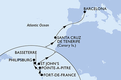 Martinik, Guadeloupe, Svatý Martin, Svätý Krištof a Nevis, Antigua a Barbuda, Španielsko z Fort de France na lodi MSC World Europa