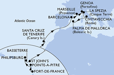 Martinik, Guadeloupe, Svatý Martin, Svätý Krištof a Nevis, Antigua a Barbuda, Španielsko, Francúzsko, Taliansko z Fort de France na lodi MSC World Europa