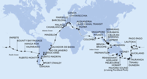 Taliansko, Francúzsko, Španielsko, Maroko, Kapverdy, Brazília, Argentína, Zámořské území Velké Británie, Chile, Francouzská Polynésie, Americká Samoa, , Fiji, Nový Zéland, Austrália, Indonézia, Singapur, Thajsko, Srí Lanka, Jordánsko, Egypt z Janova na lodi MSC Magnifica