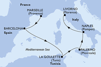 Francúzsko, Španielsko, Tunisko, Taliansko z Marseille na lodi MSC Meraviglia