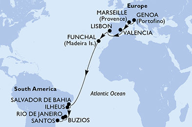 Taliansko, Francúzsko, Španielsko, Portugalsko, Brazília z Janova na lodi MSC Musica