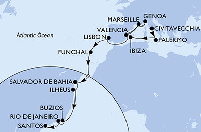 Taliansko, Španielsko, Francúzsko, Portugalsko, Brazília z Civitavechie na lodi MSC Musica