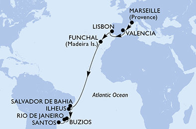 Francúzsko, Španielsko, Portugalsko, Brazília z Marseille na lodi MSC Musica