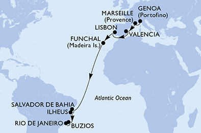 Taliansko, Francúzsko, Španielsko, Portugalsko, Brazília z Janova na lodi MSC Musica