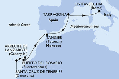 Španielsko, z Lanzarote, Maroko, Tarragona, Taliansko z Tenerife na lodi MSC Euribia