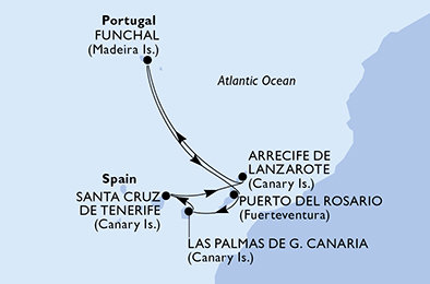 Španielsko, z Lanzarote, Portugalsko z Las Palmas na lodi MSC Euribia