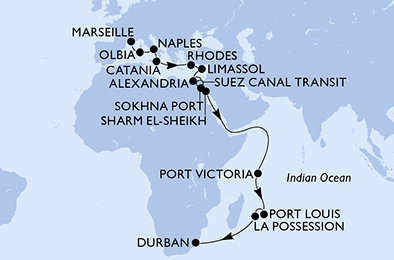 Francúzsko, Taliansko, Grécko, Cyprus, Egypt, Seychely, Maurícius, Reunion, Juhoafrická republika z Marseille na lodi MSC Sinfonia