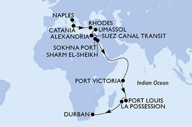 Taliansko, Grécko, Cyprus, Egypt, Seychely, Maurícius, Reunion, Juhoafrická republika z Neapola na lodi MSC Sinfonia