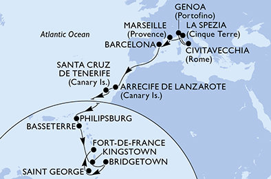 Taliansko, Francúzsko, Španielsko, z Lanzarote, Svatý Martin, Svätý Krištof a Nevis, Svätý Vincent a Grenadiny, Barbados, Grenada, Martinik z Janova na lodi MSC World Europa