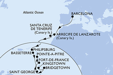 Španielsko, z Lanzarote, Svatý Martin, Svätý Krištof a Nevis, Svätý Vincent a Grenadiny, Barbados, Grenada, Martinik, Guadeloupe z Barcelony na lodi MSC World Europa