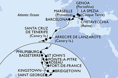 Taliansko, Francúzsko, Španielsko, z Lanzarote, Svatý Martin, Svätý Krištof a Nevis, Svätý Vincent a Grenadiny, Barbados, Grenada, Martinik, Guadeloupe, Antigua a Barbuda, Dominika z Janova na lodi MSC World Europa