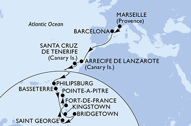 Francúzsko, Španielsko, z Lanzarote, Svatý Martin, Svätý Krištof a Nevis, Svätý Vincent a Grenadiny, Barbados, Grenada, Martinik, Guadeloupe z Marseille na lodi MSC World Europa