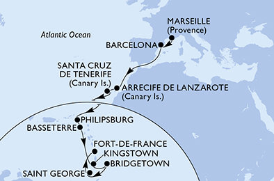 Francúzsko, Španielsko, z Lanzarote, Svatý Martin, Svätý Krištof a Nevis, Svätý Vincent a Grenadiny, Barbados, Grenada, Martinik z Marseille na lodi MSC World Europa
