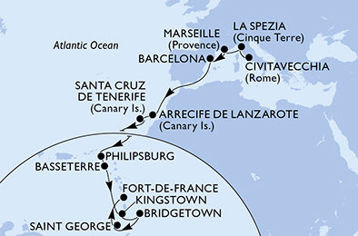 Taliansko, Francúzsko, Španielsko, z Lanzarote, Svatý Martin, Svätý Krištof a Nevis, Svätý Vincent a Grenadiny, Barbados, Grenada, Martinik z Civitavechie na lodi MSC World Europa